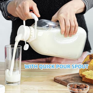 Syntic 4 Pack 2 Qt Glass Milk Bottles with Handle and Airtight Reusable Screw Lids, 1/2 Gal Glass Water & Juice Bottles with 2 Pour Spouts, 64 Oz Milk Jug Pitcher w Scale - Image 2