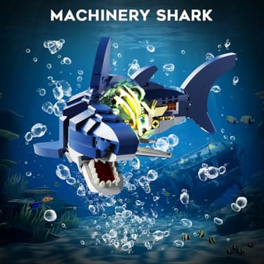 INSOON Mechanical Shark Building Set with LED Light, 687 PCS Movable Ocean Animal with Display Stand, Sea Fish Building Block Toy, Home Decor Gift for Adults Teens Kids Boys Ages 12+ - Image 2