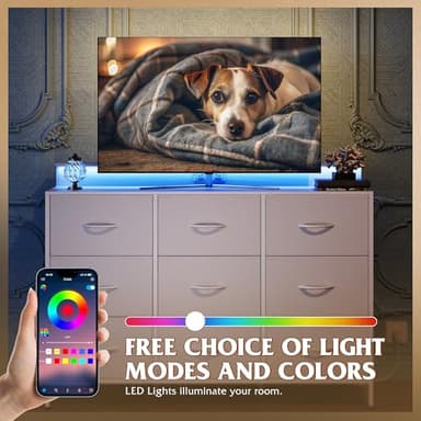 WLIVE White TV Stand for 45, 50, 55 inch TV, Entertainment Center with LED Lights & Charging Station, TV Media Console Table with 9 Fabric Drawers and Open Shelves for Living Room, Hallway, Wood Top - Image 8