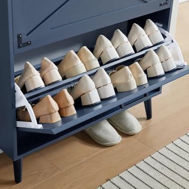 Barnyatoh Shoe Storage Cabinet,Farmhouse Shoe Organizer with 2 Flip Drawers & Barn Door Design,Freestanding Hidden Slim Narrow Shoe Rack Cabinet for Entryway,Foyer,Hallway,Navy Blue - Image 7