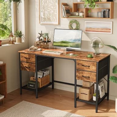 Huuger 55 Inch Computer Desk with 4 Drawers, Office Desk with Mesh Shelf, Gaming Desk, Large Storage, Writing Desk Work Desk for Home Office, Study, Bedroom, Work from Home, Rustic Brown - Image 2