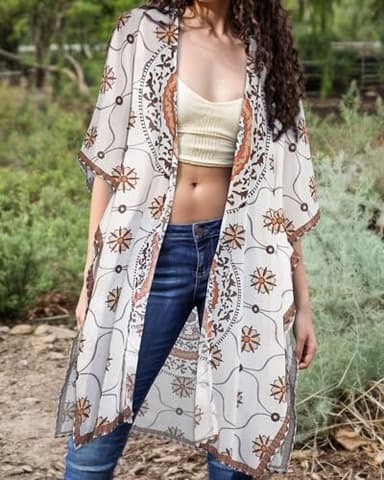 Beach Cover Ups for Swimwear Bohemain Women Kimono Open Front Cardigan Tops(02-Adeline Khaki),XL - Image 2