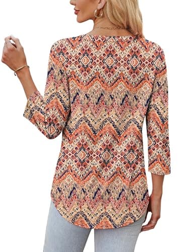 OFEEFAN Summer Tops for Women 2025 Loose Fit Dressy V Neck 3/4 Sleeve Shirts Spring Blouse Printed C XL - Image 5