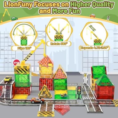 LionFuny Magnetic Tiles, Magnetic Blocks Road Tiles Set, Magnets Construction Toys for Kids Ages 3-5 4-8 8-12, Toddlers STEM Preschool Toy Boys Girls Toys with Crane Airplane Car - Image 3