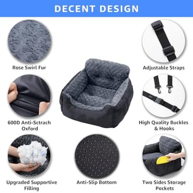Oiilores Dog Car Seat for Small Dogs,Washable Pet Booster Seats with Clip-On Safty Leash, Comfy Deluxe Plush Carseat with Storage Pockets, Puppy Car Travel Carrier Bed for Dogs Under 25 lbs, Black - Image 3