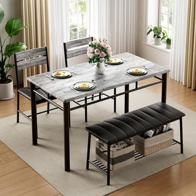 IRONCK Dining Table Set for 4, Kitchen Table with Upholstered Bench and 2 Chairs, Kitchen Table and Chairs Set for Small Space, Apartment, Gray - Image 3