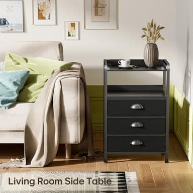 Jixlantuc Night Stand Bedside Table Bedroom Nightstand with Open Shelf Bed Side Table with Fabric Drawers End Table with 3 Drawer Storage Night Stands for Living Room Rustic Brown Black - Image 8