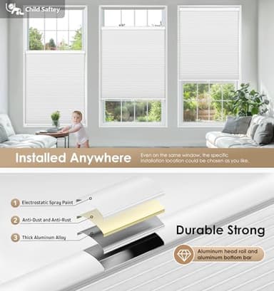 LazBlinds No Tools No Drill Cordless Cellular Shades, Blackout Light Blocking Honeycomb Shades for Home, Thermal Insulation Blinds for Windows, 41" W x 64" H, White - Image 3