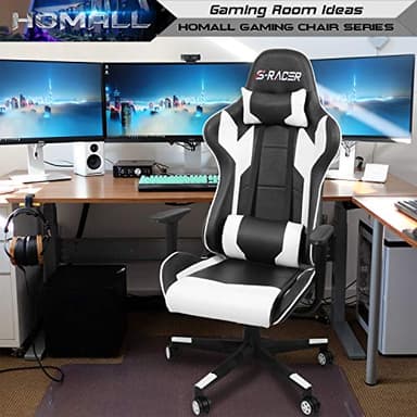 Homall Gaming Chair, Office Chair High Back Computer Chair Leather Desk Chair Racing Executive Ergonomic Adjustable Swivel Task Chair with Headrest and Lumbar Support (White) - Image 2