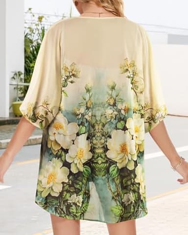 Women's Floral Print Puff Sleeve Kimono Cardigan Loose Cover Up Casual Blouse Tops(Beige White Floral,2XL) - Image 5