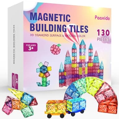 Paaxido Magnetic Tiles, 130PCS Magnetic Blocks Set with 2 Cars, 4D Diamond Magnet Building Blocks, STEM Preschool Educational Magnet Toys Gift for Kids, Boys and Girls 3 4 5 6 7 8+ Year Old - Image 1