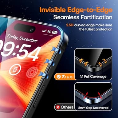 TAURI 4 in 1 for iPhone 15 Screen Protector, 3 Pack Tempered Glass Film + 1 Dust Free Easy Installation Tool, 9H Hardness Bubble Free Micro-curved Edges HD Screen Protector for 15 - Image 5