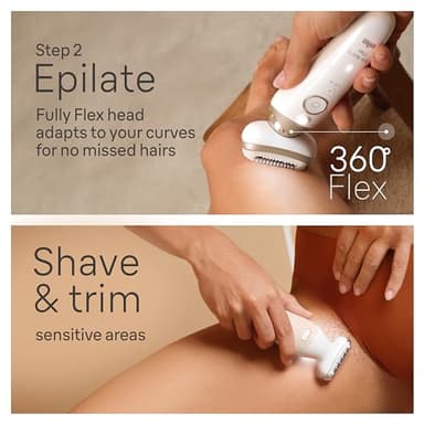 Braun Epilator Silk-épil 9 Flex SkinSpa, Hair Removal Device, 360 Flex and Pivoting Head, Wet and Dry, Includes Shaver Head, Trimmer Comb, Massage Pad, Exfoliation Brush and BodyTrimmer, SES9-481 3D - Image 5