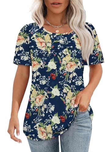 Ladies Tops and Blouses Short Sleeve T Shirts Dressy Causal Trendy Flower Summer Clothes 2025 Plus Size Women's Clothing Navy Floral M - Image 1