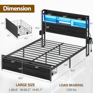 Furnulem Queen Bed Frame with Wood Headboard and Storage Shelf, Metal Platform Bed Frame Queen Size with Storage Drawers, LED Lights and Charging Station, No Box Spring Needed, Noise Free, Black - Image 2