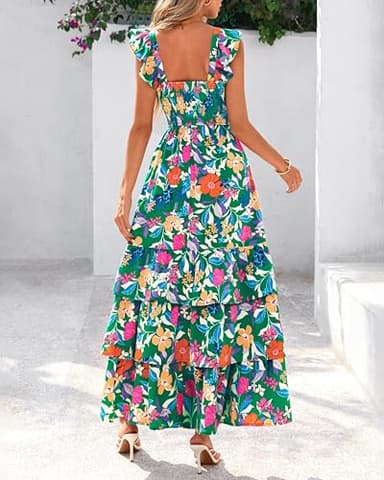 dowerme Summer Dresses for Women 2025 Casual Ruffle Smocked Tiered A-Line Boho Floral Maxi Beach Sun Dress with Pockets(Green Orange Flower,Large) - Image 5