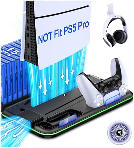 PS5/PS5 Slim Stand and Cooling Station with Controller Charging Station for Playsation 5, PS5 Accessories Kit Incl. 3 Levels Cooling Fan, LED, 15 Game Slot, Headset Holder for PS5 Digital/Disc Console