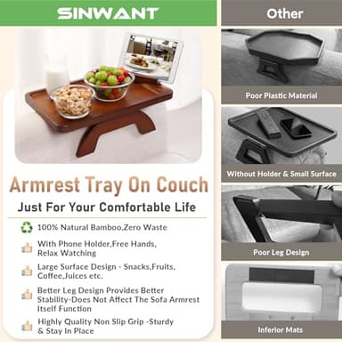 SINWANT Couch Arm Tray, Bamboo Couch Arm Table with 360° Rotating Phone Holder,Sofa Armrest Tray for Eating,Drinks,Snacks, Remote Control - Image 5