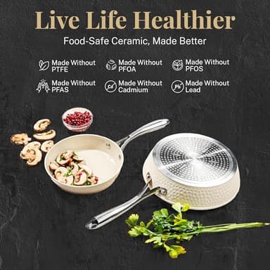 Gotham Steel Hammered 15Pcs Ceramic Cookware Set Nonstick, Induction Pots and Pans Set Non Stick with Bakeware Set & Steamer for Cooking, Non Toxic PFOA PFOS Free, Oven & Dishwasher Safe, Cream White - Image 4