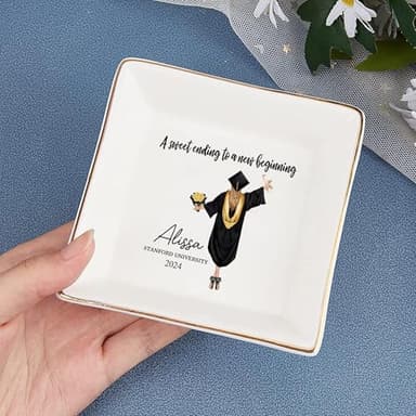 Personalized Jewelry dish graduation gifts for her 2025, A Sweet Ending to a New Beginning, Gifts for Best Friend 02 - Image 2