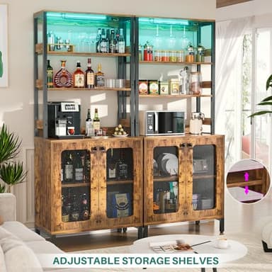 Aheaplus Bar Cabinet with Power Outlets, 67" Tall Wine Bar Liquor Cabinet with LED Lights & Glass Holder, Coffee Bars Station for Living Room, Microwave Stand Bakers Rack Cabinets, Rustic Brown - Image 7