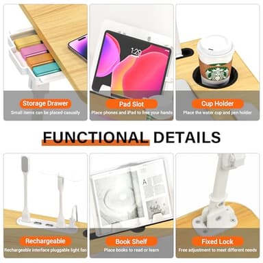 DECOSIS Laptop Bed Desk Height Adjustable, Bed Laptop Table with USB/Storage Drawer/Cup Holder/Tablet Stand/Book Shelf, Foldable Breakfast Tray Portable for Reading Writing, Bed, Sofa & Floor, Wood - Image 5