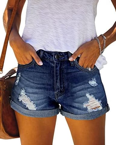 Angerella Denim Shorts for Women Mid Rise Ripped Jean Shorts Stretchy Folded Hem Hot Short Jeans - Image 2