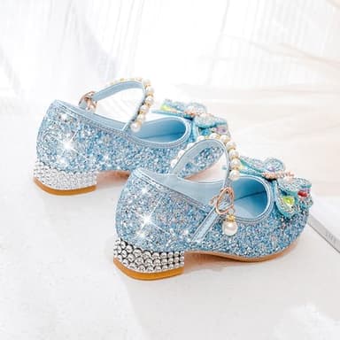 Qimaoo Girls Dress Shoes Mary Jane Princess Shoes Girls' Flats Glitter Low Heels Flower Wedding Party Footwear - 13 Little Kid (738 Blue) - Image 5