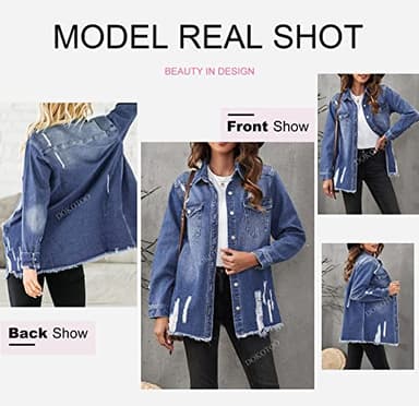 Dokotoo Women's Jean Jacket Frayed Washed Button Up Denim Jacket Shackets Fall Outfits Oversize Vintaged Casual Fashion Long Sleeve Denim Shirts for Women Boyfriend Jean Jackets for Women Blue L - Image 3