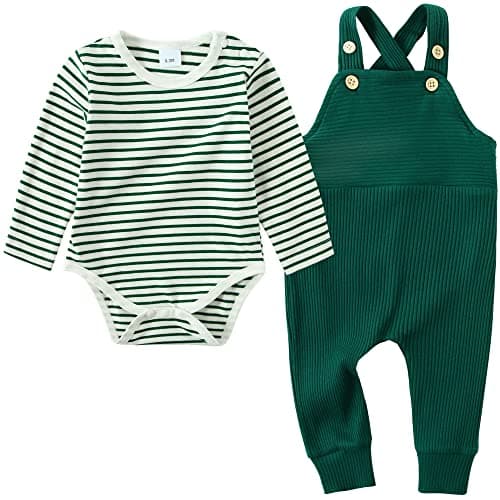 YUEMION Newborn Baby Boy Clothes Infant Boy Outfits 2Pcs Stripe Top Romper Pants Set 24 Months Overalls Toddler Boy Clothes(Green, 18-24 Month) - Image 1