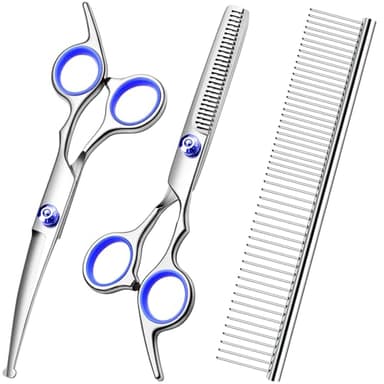 FAIGEO Professional Dog Grooming Scissors Kit, Titanium Coated Dog Scissors for Grooming, Grooming Shears Kit - Thinning, Curved Scissors and Comb for Dog Cat Pet (Blue 4 in 1) - Image 1