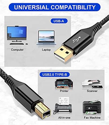 sweguard Printer Cable 10ft, USB-A to USB-B Cable, High Speed Nylon Braided Scanner Printer Cord for HP Canon Dell Epson Brother Lexmark Xerox Samsung Piano DAC & More-Black - Image 2