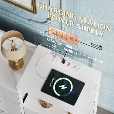 WLIVE White TV Stand with Charging Station, Entertainment Center with 8 Fabric Drawer, TV Media Console Table Open Storage Shelves, Wood Top for Living Room, Hallway - Image 4