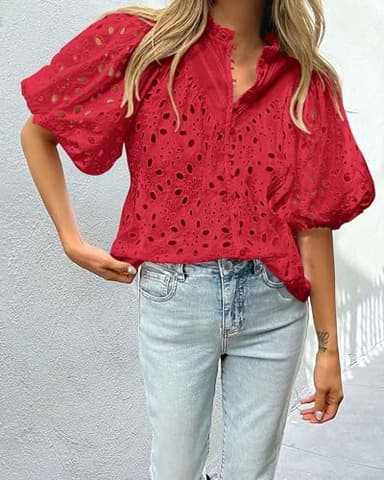 PRETTYGARDEN Women's Summer Tops 2025 Dressy Casual Short Sleeve V Neck Buttons Hollow Out Lace Embroidered Blouses Shirts (Red,XX-Large) - Image 3