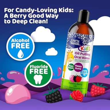 GuruNanda Kids Oil Pulling, Alcohol-Free Mouthwash, Essential Oils & Vitamins for Fresh Breath & Happy Gums for Ages 6 & up, Natural Bubble Berry, 8 Oz - Image 6