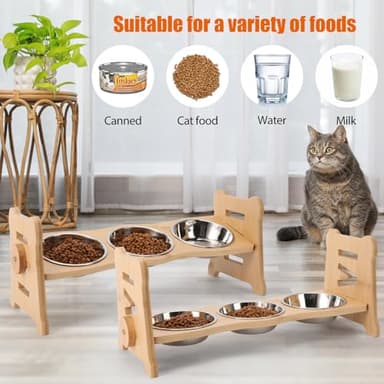 Elevated Cat Bowls15° Tilted Stainless Steel Elevated with Bamboo Stand - 3 Pots Raised Cat Bowls for Indoor Cats and Small for Indoor Cats with Anti-Overflow Design (Yellow) - Image 3