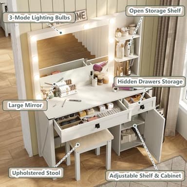 Furniouse 41.6'' Farmhouse Vanity Desk with Mirror and Lights, Makeup Vanity with Large Drawers & Adjustable Shelves, Modern Vanity Set with Stool for Bedroom, Off White - Image 4
