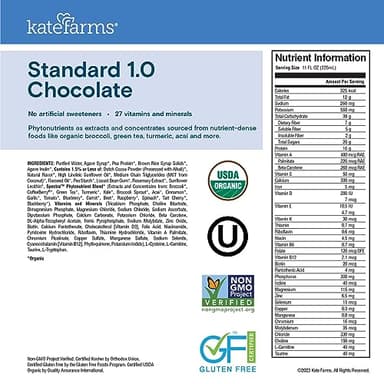 KATE FARMS Organic 1.0 Sole-Source Nutrition Shake, Chocolate, 16g Protein, 27 Vitamins and Minerals, Meal Replacement, Protein Shake, 11 oz (12 Pack) - Image 6
