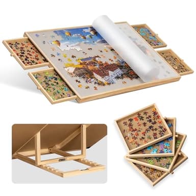 Becko US 1000-Pc Tilting Puzzle Board with 4 Drawers & Cover, Adjustable Jigsaw Puzzle Table with Built-in Easel/Stand, Portable Boards with Puzzles Storage for Adults, with Flannel Tabletop - Image 1