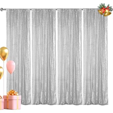 Hahuho Silver Sequin Backdrop Curtain, 4PCS 2FTx8FT Glitter Backdrop Curtain for Parties, Christmas, Wedding, Party Decoration（4 Panels, 2FT x 8FT, Silver - Image 1