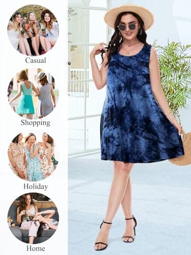 BELAROI Women Plus Size Summer Dresses Beach Sundress Casual Swing Scoop Neck Pleated Sleeveless Tshirt Tank Dress Tie Dye Swimsuit Cover Ups with Pockets(5X, T09-Dark Blue) - Image 4