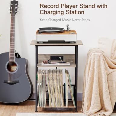 AMHANCIBLE Record Player Stand with Charging Station, Large Turntable with Storage Cabinet holds up to 100 Albums, 3 Tier End Table for Vinyl, Living Room, Grey, HETCD012GY-1 - Image 4
