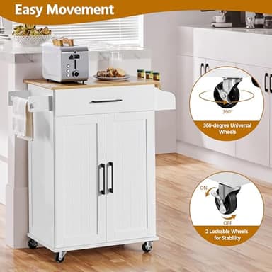 Yaheetech Kitchen Cart with Bamboo Tabletop, 32" Width Rolling Kitchen Island with Drawer and Adjustable Shelf, Storage Cabinet with Spice Rack Towel Bar for Dining Room Kitchen Living Room, White - Image 6