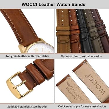 WOCCI 18mm Watch Band for Men and Women, Genuine Leather - Top Grain Leather, Quick Release Strap, Golden Buckle (Golden Brown) - Image 4