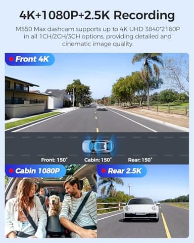 AZDOME M550 Max 4K 3 Channel Dash Cam, Dual STARVIS Sensors, 4K+2.5K+1080P Front and Rear Inside Triple Car Camera, Built-in WiFi GPS, 64GB Card Included, IR Night Vision, WDR, 24H Parking Mode - Image 2