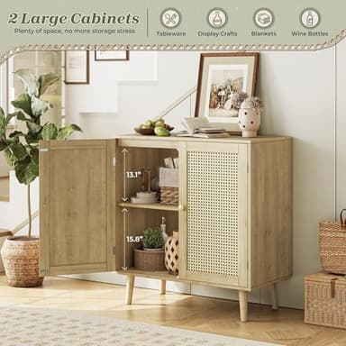 Huuger Buffet Cabinet with Storage, Storage Cabinet with PE Rattan Decor Doors, Accent Sideboard Buffet with Solid Wood Feet, for Hallway, Entry, Living Room, Natural - Image 5