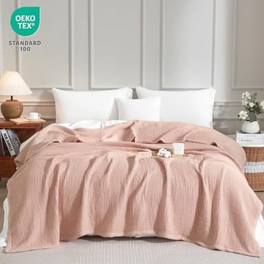 PHF Reversible Waffle & Muslin Blanket 100% Cotton 400GSM Queen Size 90" x 90", Breathable Lightweight and Soft, Luxury Aesthetic Waffle Gauze Blanket for Home Decor, Ideal Gift, Rose Smoke - Image 6