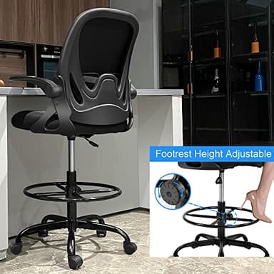 Primy Drafting Chair Tall Office Chair with Flip-up Armrests Executive Ergonomic Computer Standing Desk Chair with Lumbar Support and Adjustable Footrest Ring (Black) - Image 6