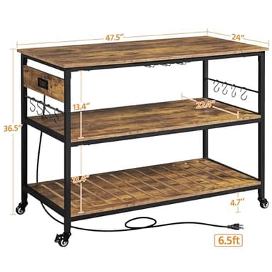 Yaheetech Kitchen Island with Power Outlet, Rolling Kitchen Cart with Wine Rack & Glass Holder & Hooks, Coffee Bar Microwave Stand Wine Rack Table for Dining Room, 47.5" W x 24" D, Rustic Brown - Image 3
