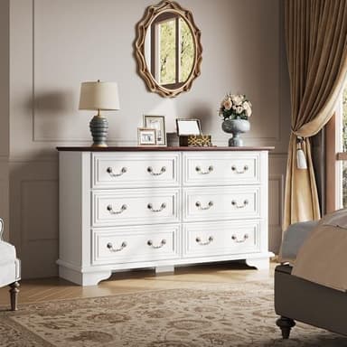 WLIVE Farmhouse Dresser for Bedroom, 51.97'' Wide Wood White Dresser with 6 Drawer, Chest of Drawers with Roman Metal Handle, TV Stand for 60 inch TV, for Living Room, Hallway - Image 3
